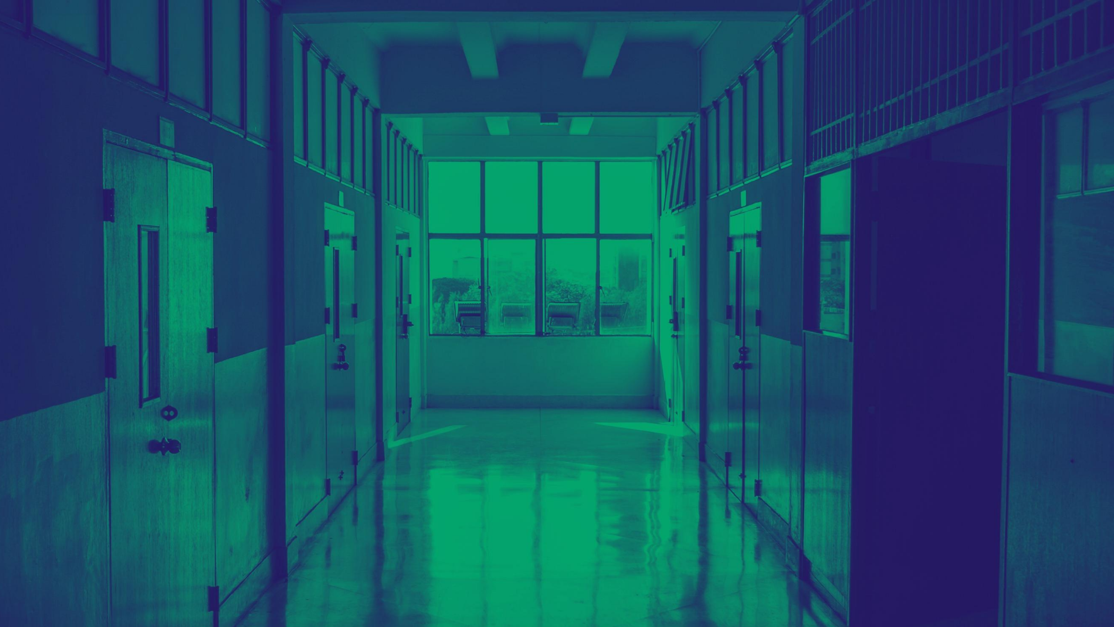 empty school hallway in a green overlay 